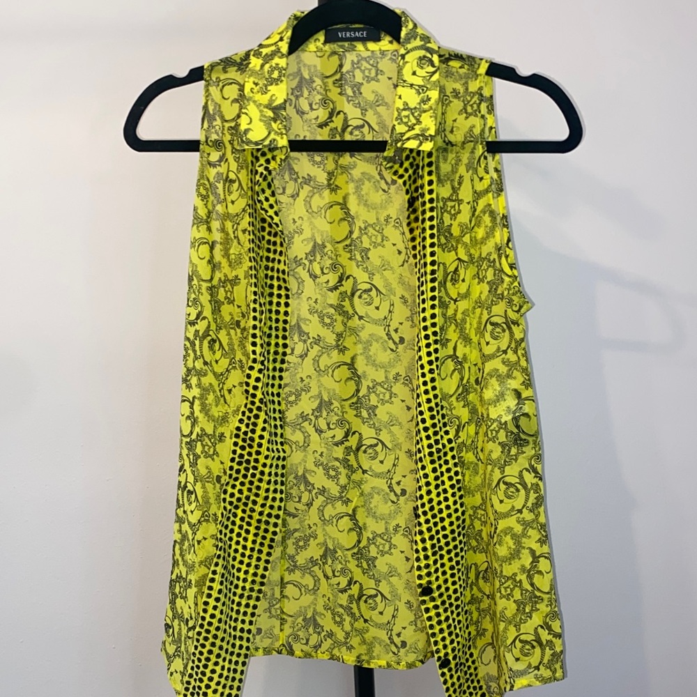 Versace Neon Yellow and Black Patterned Blouse